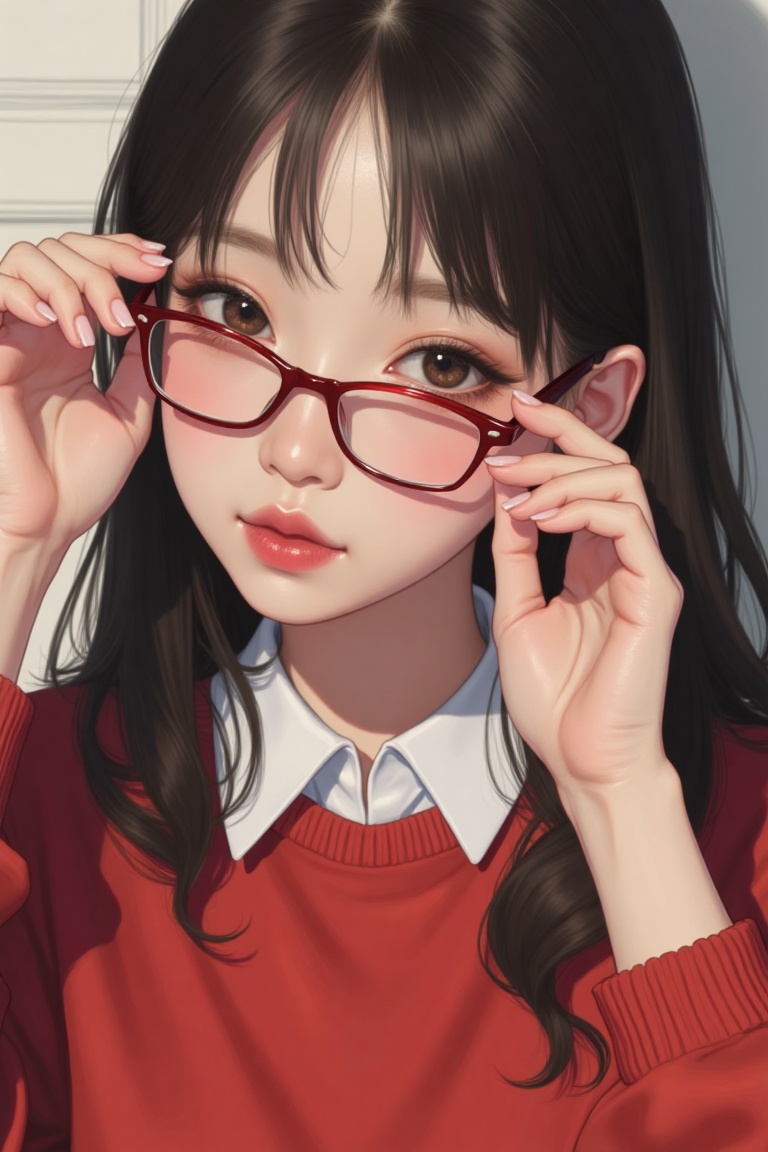 a close-up shot of a young Asian girl with dark brown eyes and black hair, wearing a pair of red framed eyeglasses. She is wearing a red sweater with a white collar and a white undershirt underneath. Her left hand is raised in the air, while her right hand is resting on her ear. Her lips are painted pink, adding a pop of color to her face. The backdrop is a soft white wall.,Beauty,Illustration 