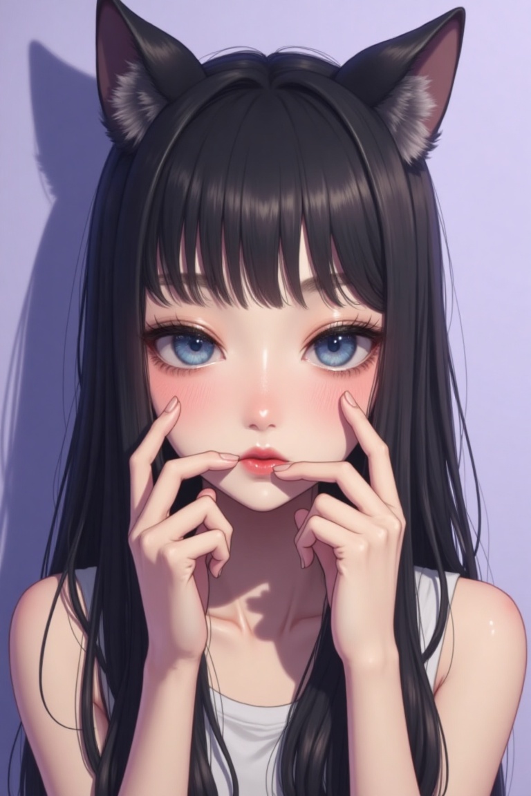 An animated portrait of a woman with long black hair. The woman's eyes are blue and her lips are red. Her hands are touching her face with her fingers. Her hair is long and cascades over her shoulders. She is wearing a pair of black cat ears on her head. The background is a light purple color. There is a shadow on the left side of the image.