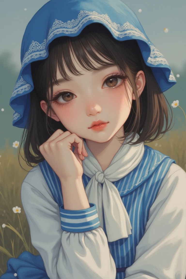 a close-up shot of a young Asian girl, dressed in a blue bonnet, adorned with a white lace trim. She is wearing a white blouse with a blue and white striped shirt underneath, and a white scarf tied around her neck. Her left hand is draped over her left shoulder, adding a touch of warmth to her outfit. The background is blurred, suggesting a natural setting.,Beauty,Illustration 