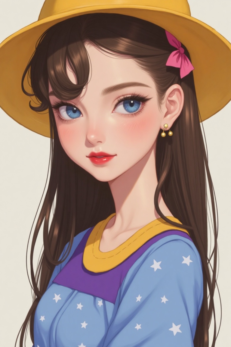 An animated portrait of a woman with long dark brown hair and a yellow hat on her head. She is wearing a blue and purple shirt with a yellow collar. Her hair is pulled back in a ponytail and she has a pink bow in her hair. Her earrings are dangling from her ears. Her lips are painted a bright red color. Her eyes are blue and her eyebrows are a light brown. Her eyebrows are light brown and her lips are a darker shade of red. Her dress is a light blue with white stars on it.,Beauty,Illustration 