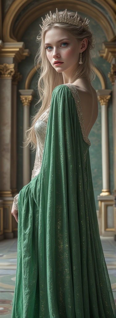 A pale-skinned woman with iridescent holographic features and captivating green eyes stands regally,  adorned in a flowing...