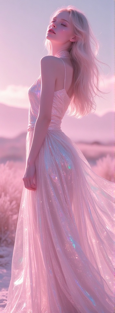 A pale-skinned woman with iridescent holographic features stands in a soft,  pink glowing light,  wearing a flowing on Ten...