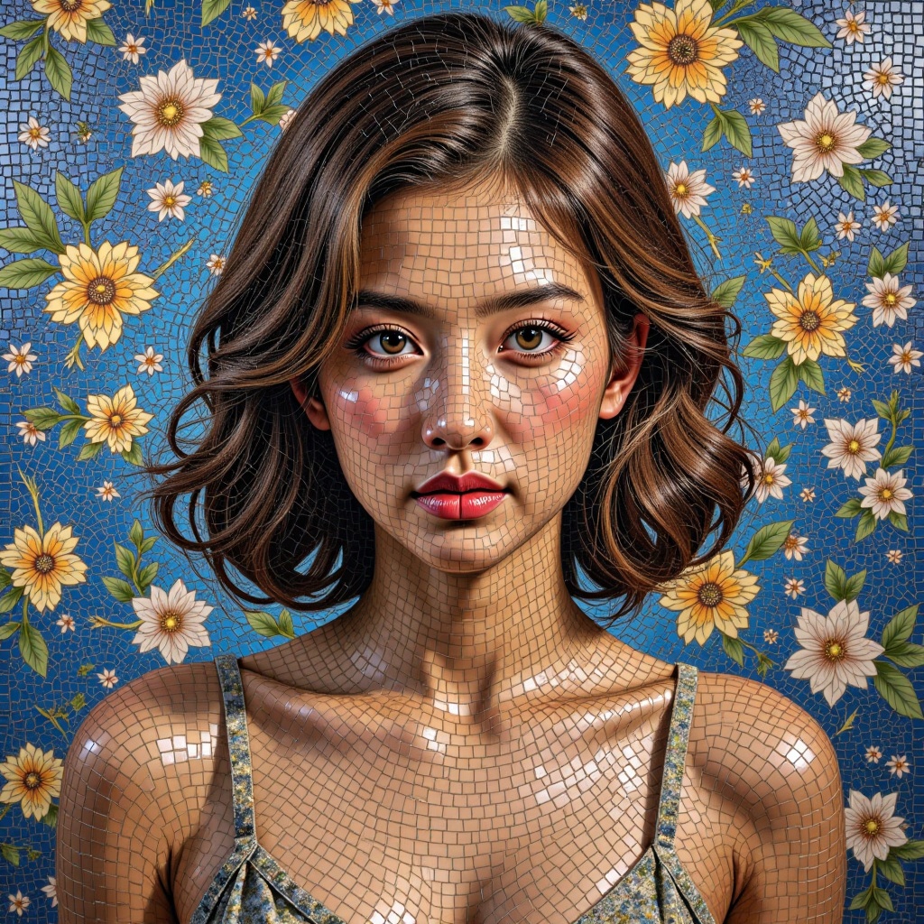 A mosaic art,  realistic full style ,  describes a Surrealism portrait of a woman on Tensor.Art