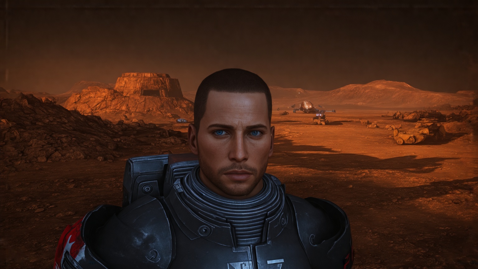 A heroic male Commander Shepard stands tall against the rust-red Martian landscape,  his N7-marked spacesuit glistening in...