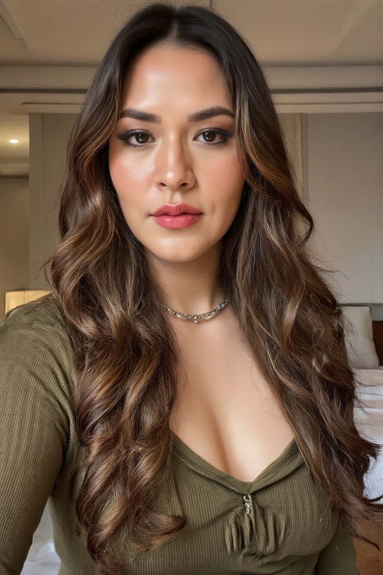 Create a realistic photograph of a woman named Raisa during a fashion photoshoot,  showcasing her unique and captivating f...