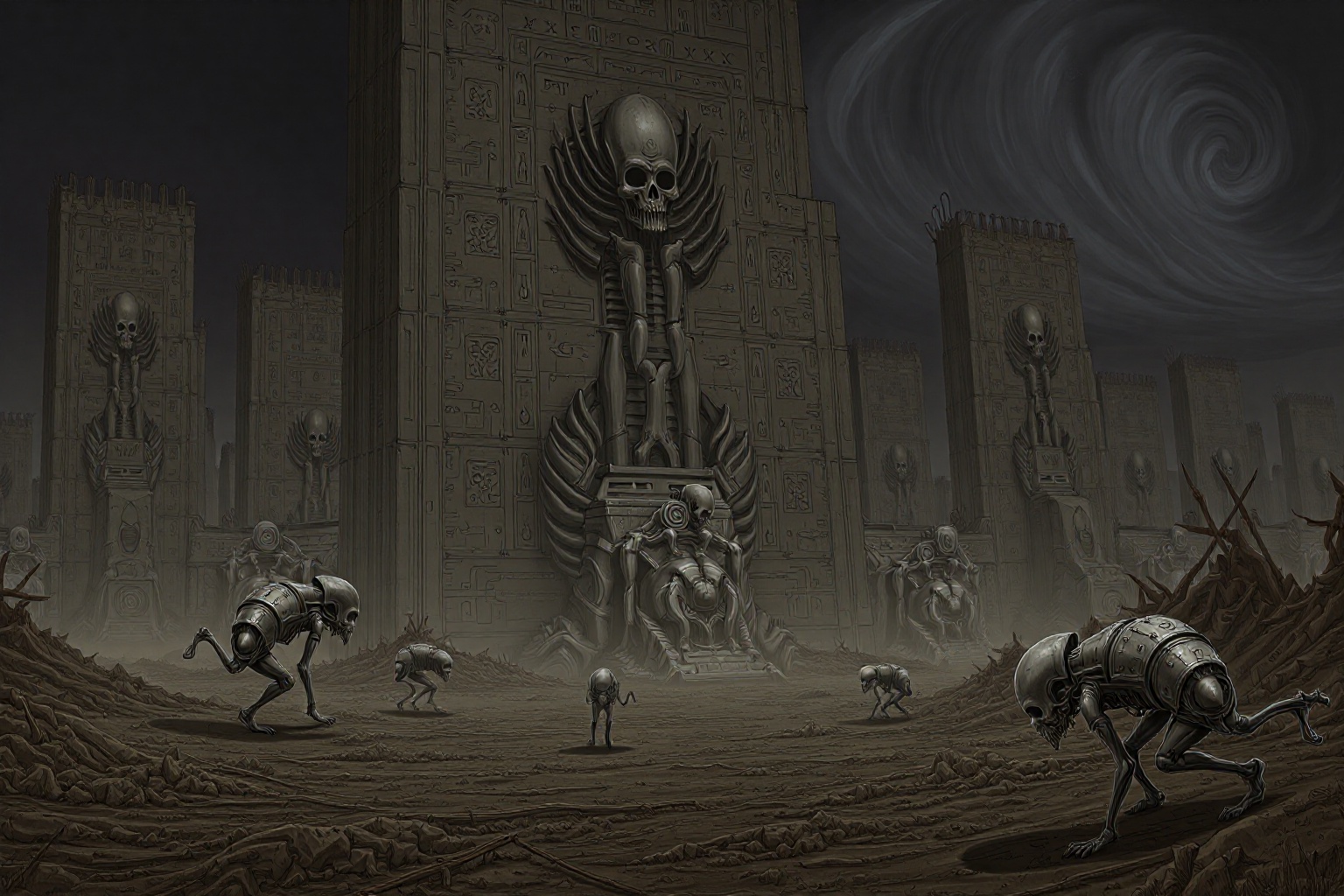 A desolate,  post-apocalyptic landscape where towering,  skeletal structures rise from the ground on Tensor.Art