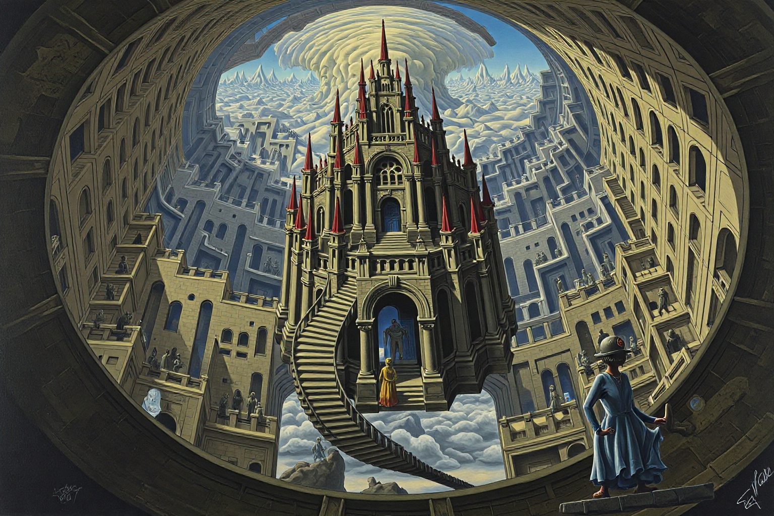 A labyrinthine castle suspended in midair,  with winding corridors and endless staircases that defy gravity. Each room wit...