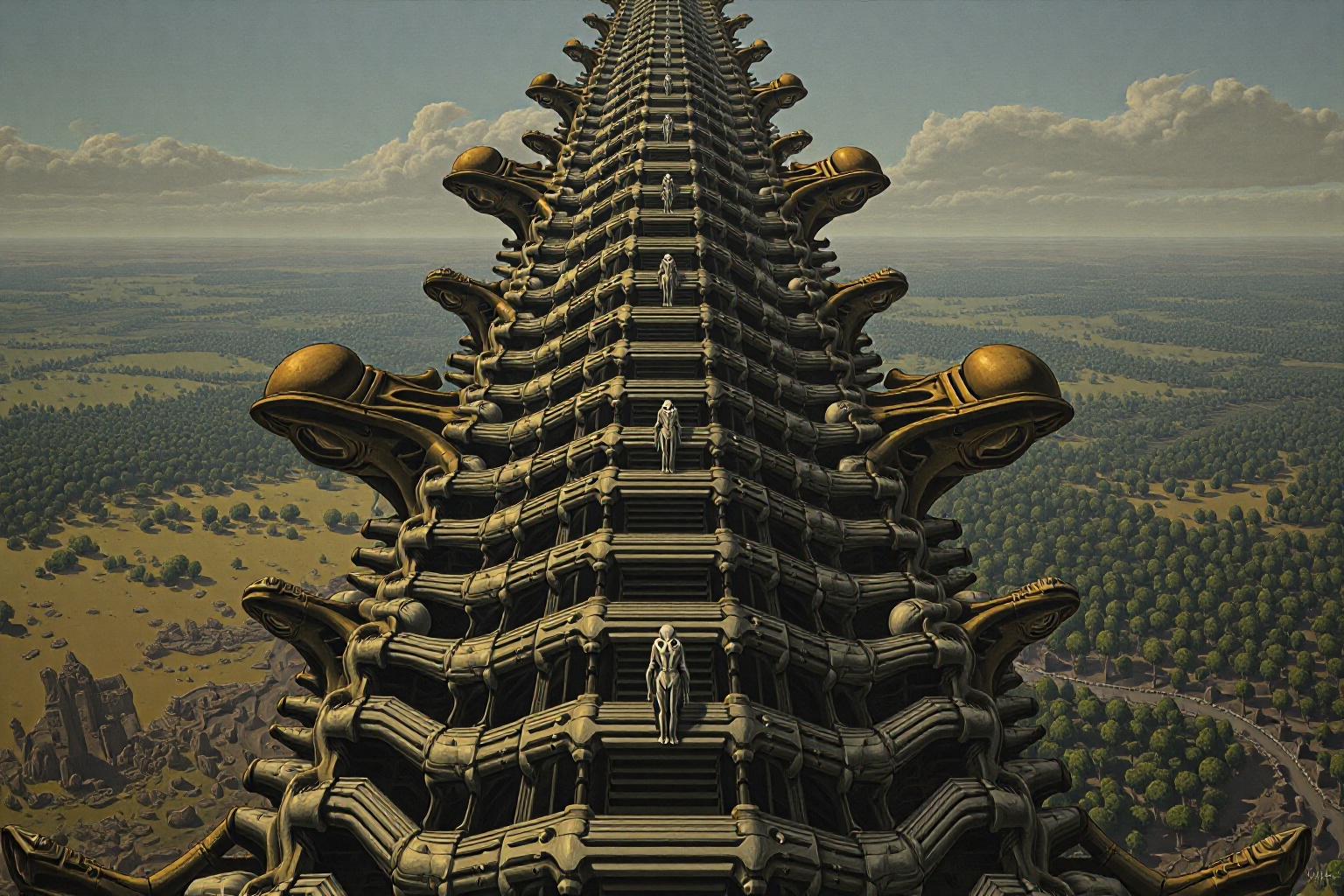 A tower that stretches infinitely into the sky,  constructed from the bones of ancient creatures intertwined with decaying...