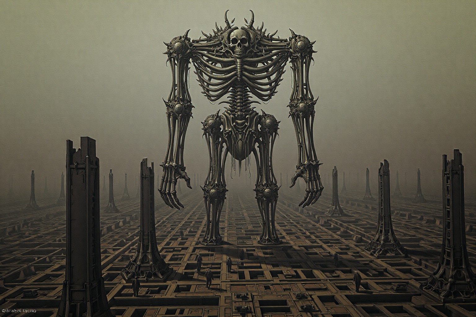 A colossal,  towering figure made entirely of bones and twisted metal,  standing on the edge of a decaying on Tensor.Art