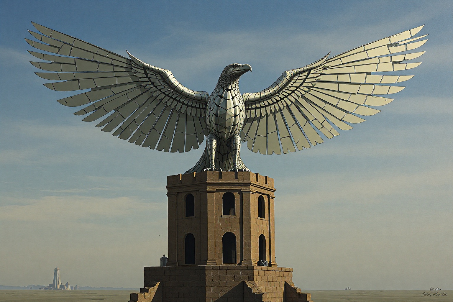 A colossal mechanical bird perches on top of a decaying stone tower,  its wings made of broken mirrors reflecting a sky th...
