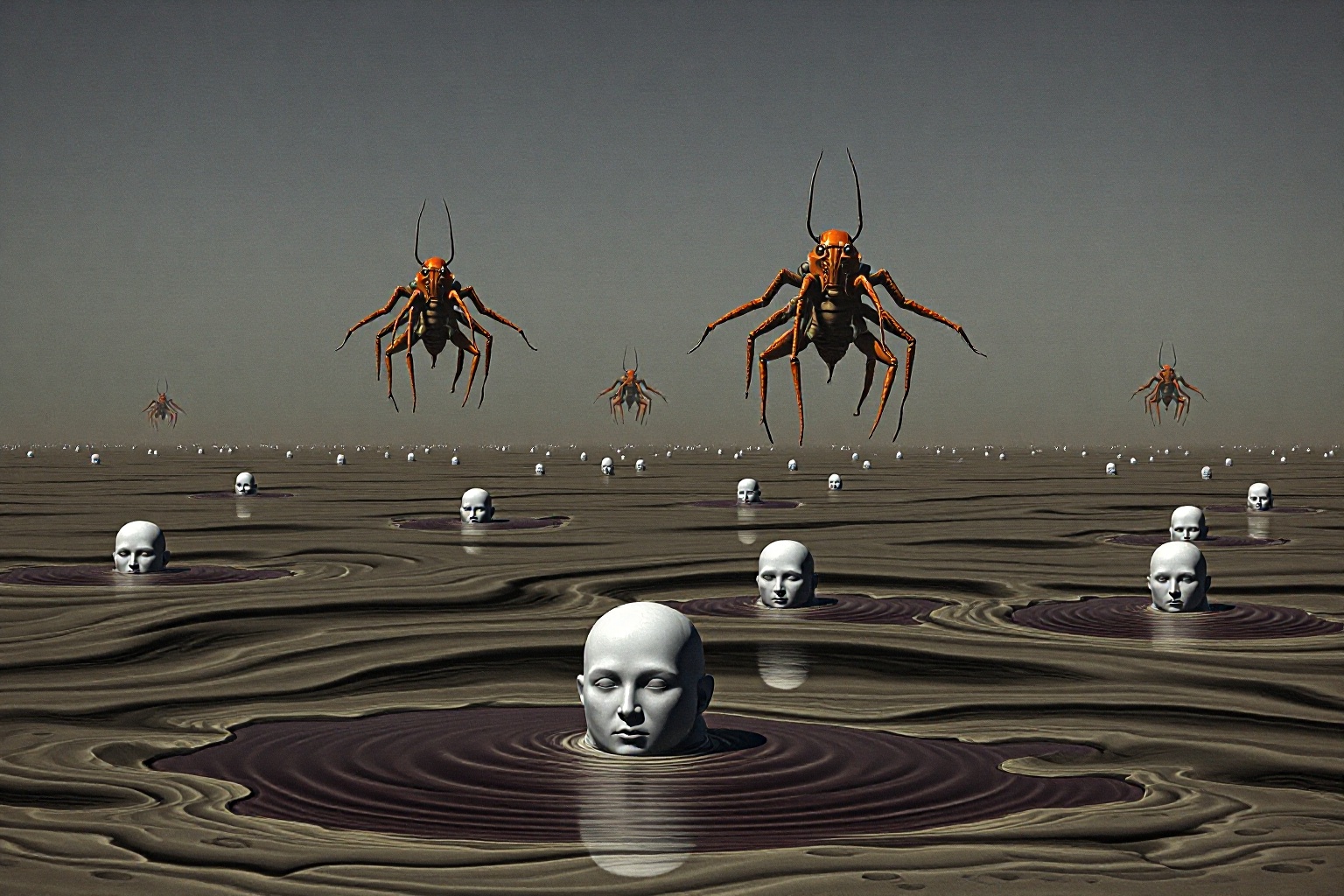 An eerie,  dreamlike landscape where half-submerged humanoid figures,  their faces expressionless and featureless on Tenso...