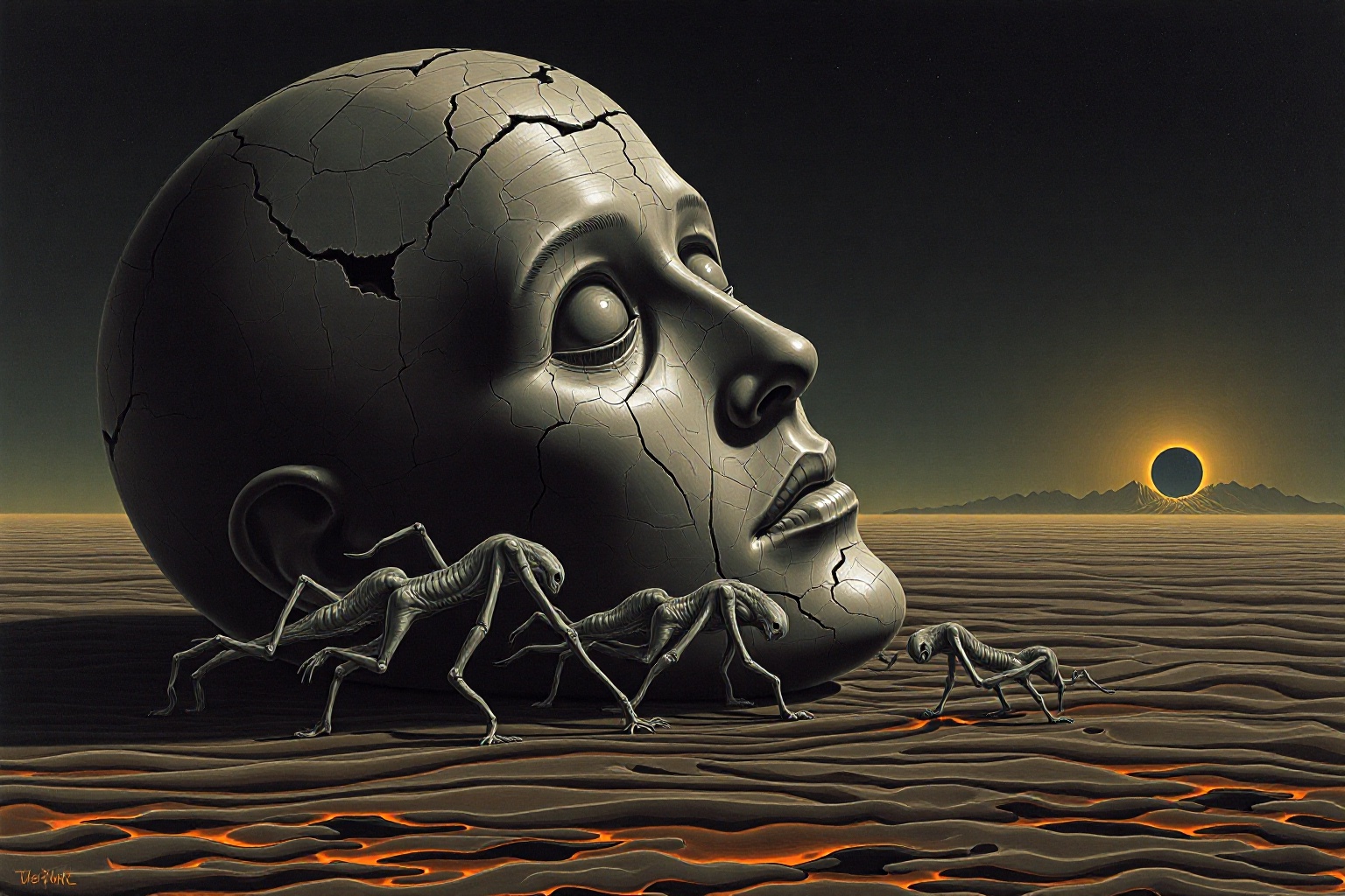 An enormous,  crumbling statue of a human face,  partially submerged in a river of molten metal. Strange on Tensor.Art