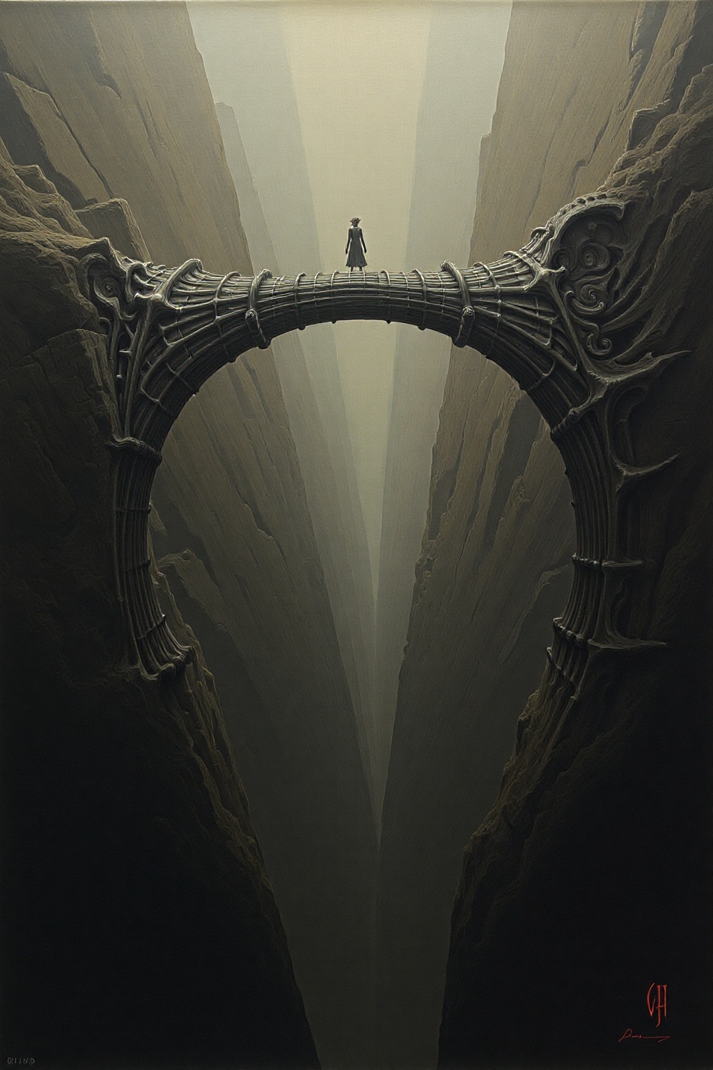 A twisted bridge made of bone and metal stretches across a bottomless chasm. The figure crossing it can hear faint whisper...