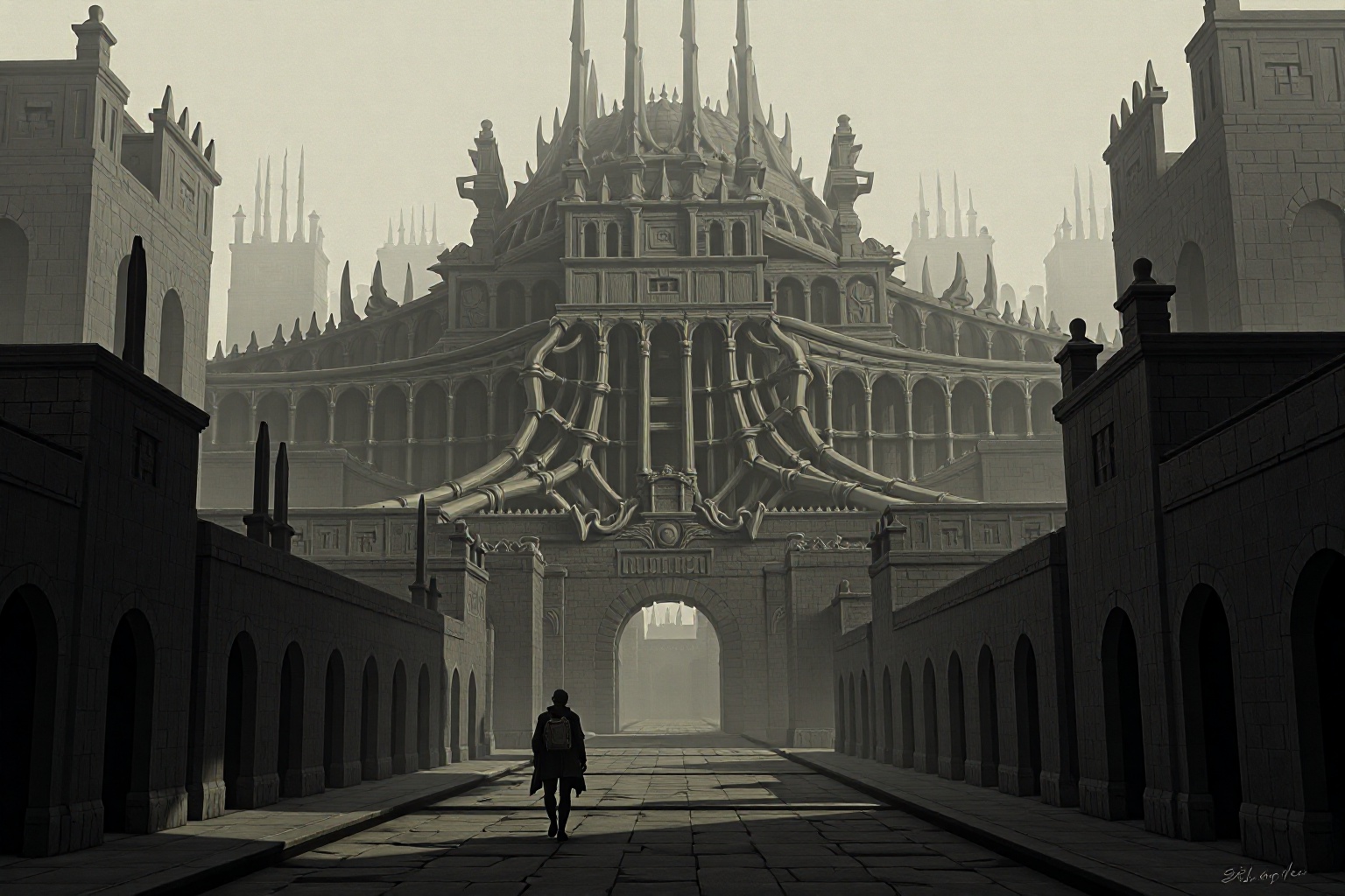 A city built from bones and rusted metal rises from the fog,  its twisted structures groaning and creaking as if alive. Th...