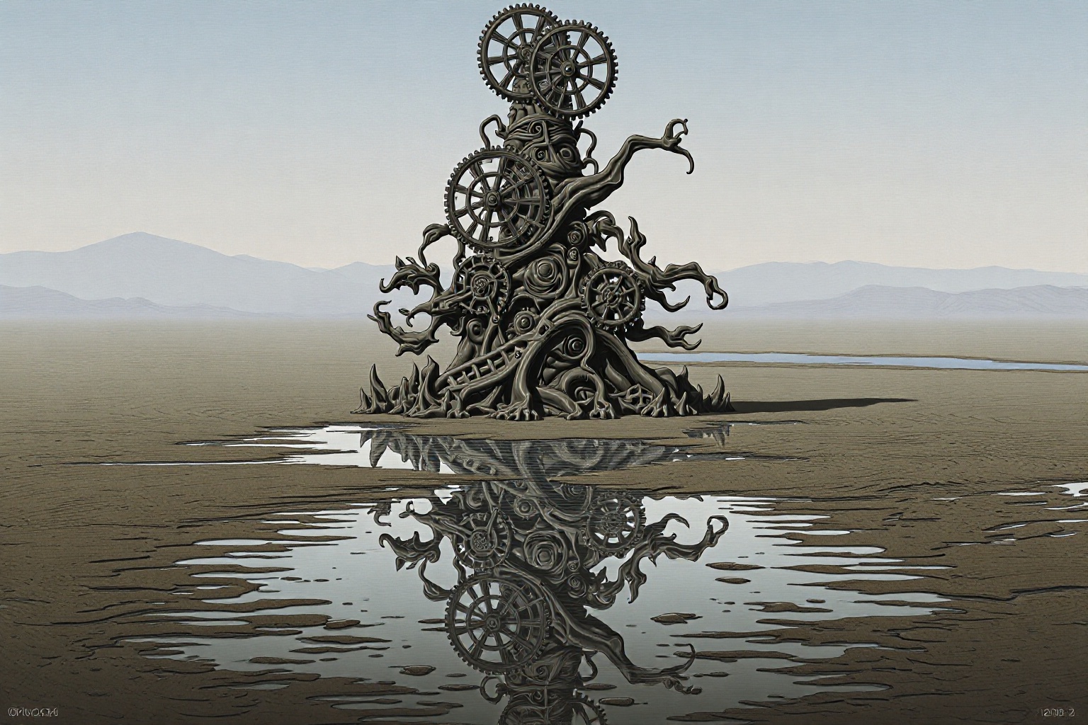 A tower made of intertwined bodies and gears rises above a desolate field,  where warped reflections of the tower shimmer...