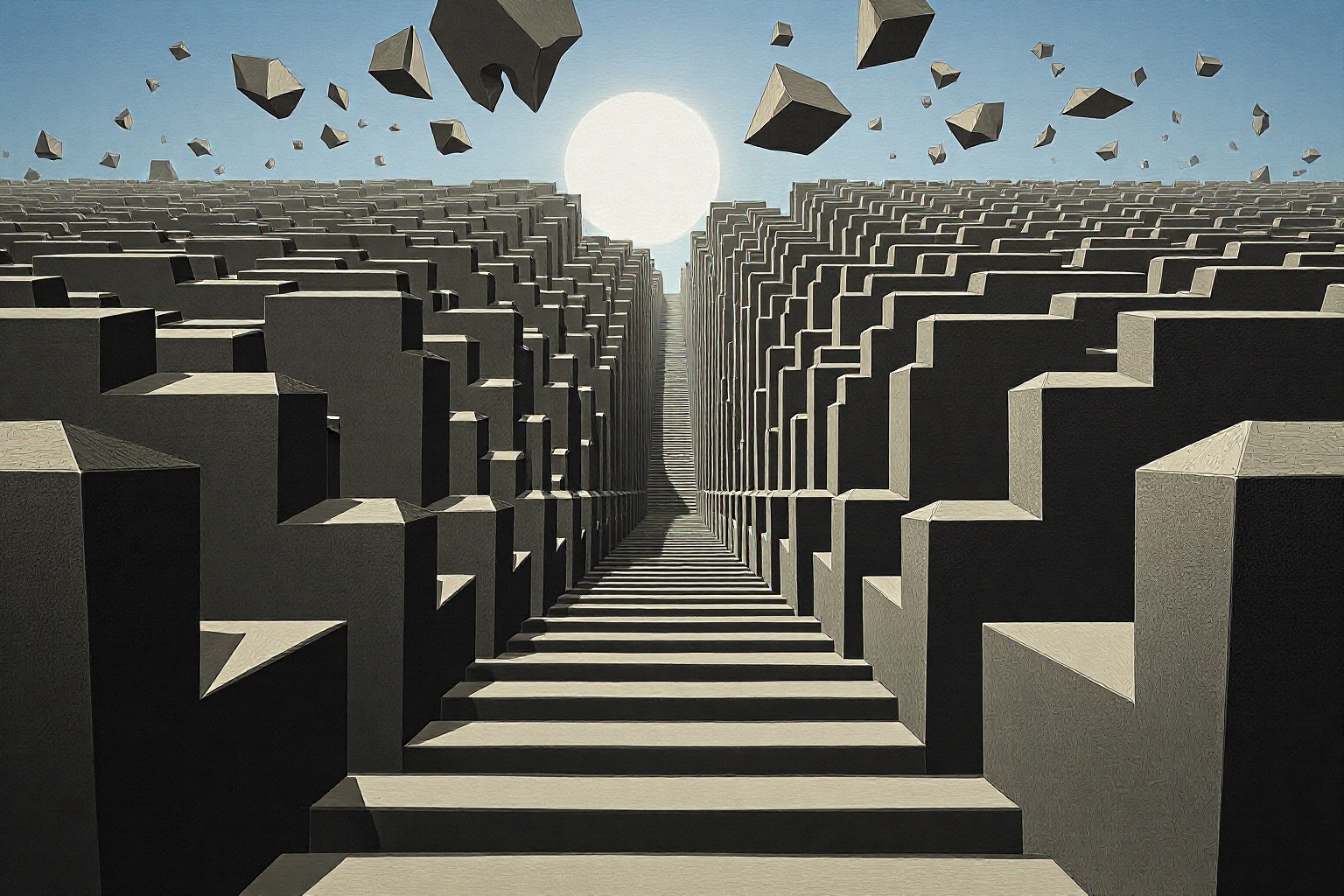 A labyrinth of stairs stretches endlessly into a fragmented sky. on Tensor.Art