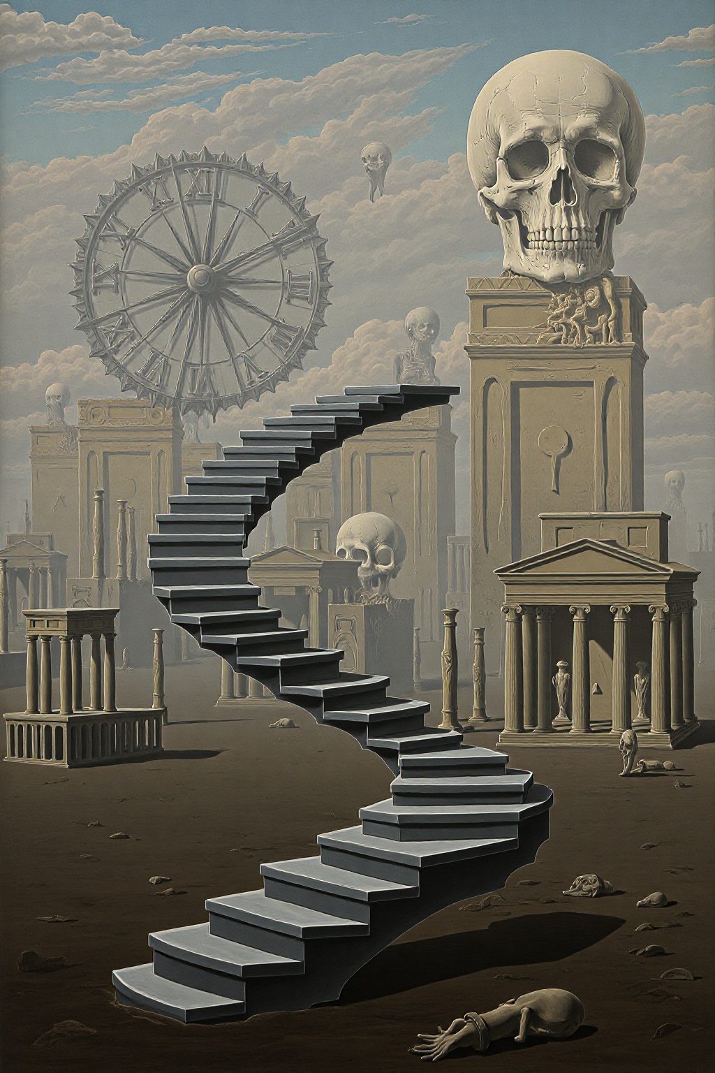 A surreal landscape with a floating,  impossible staircase in the foreground,  merging into soft on Tensor.Art