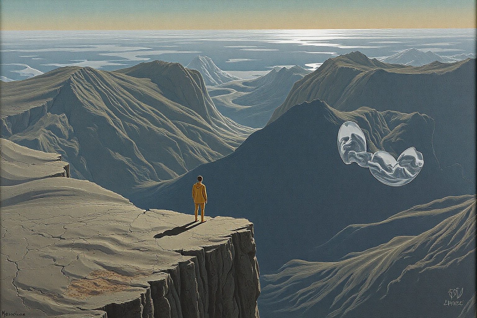A solitary figure stands at the edge of a cliff,  staring at a landscape where the mountains bend and melt into fluid shap...