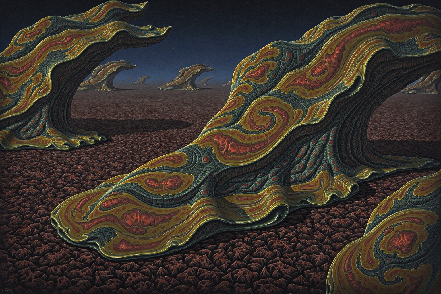 A landscape of shifting,  organic shapes that seem to pulse with life,  their surfaces covered in strange on Tensor.Art