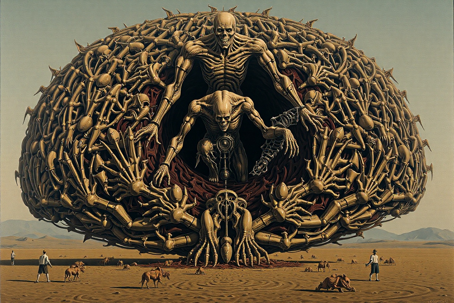 "An enormous hive,  built from the broken bodies of countless creatures,  stands in the center of a barren field. Its wall...