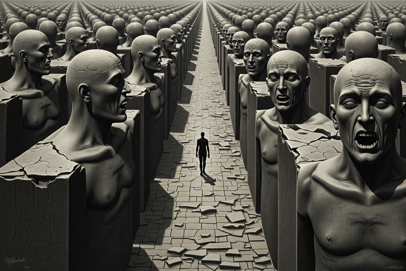 A lone figure walks through a maze of crumbling stone statues. Each statue's face is frozen in an expression of terror. on...