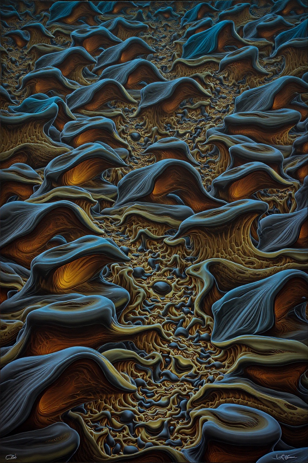 A landscape of shifting,  organic shapes that seem to pulse with life,  their surfaces covered in strange on Tensor.Art