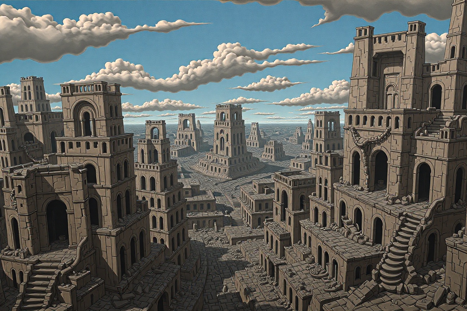 A crumbling cityscape where the buildings seem to melt and warp,  twisting into the sky. on Tensor.Art