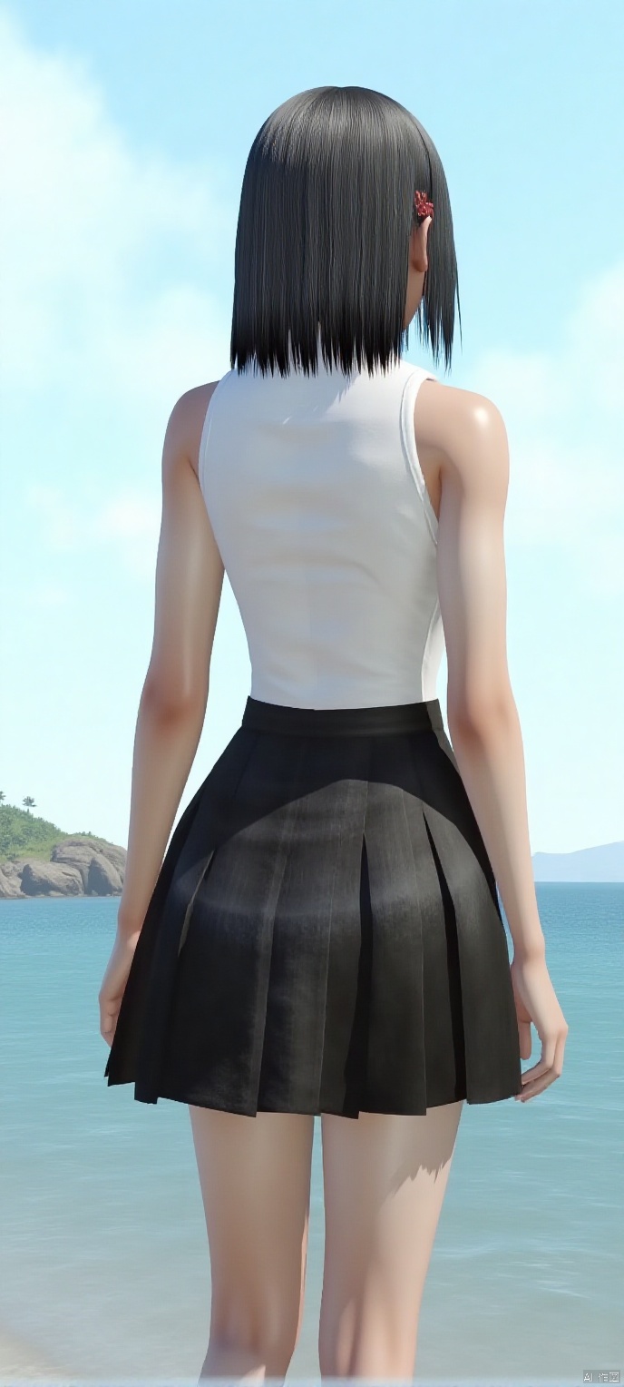 (high definition, Best quality, masterpiece, 4K, exquisite skin), cxshenyu, solo, sleeveless,  black pleats short skirt, seaside, stand, missionary