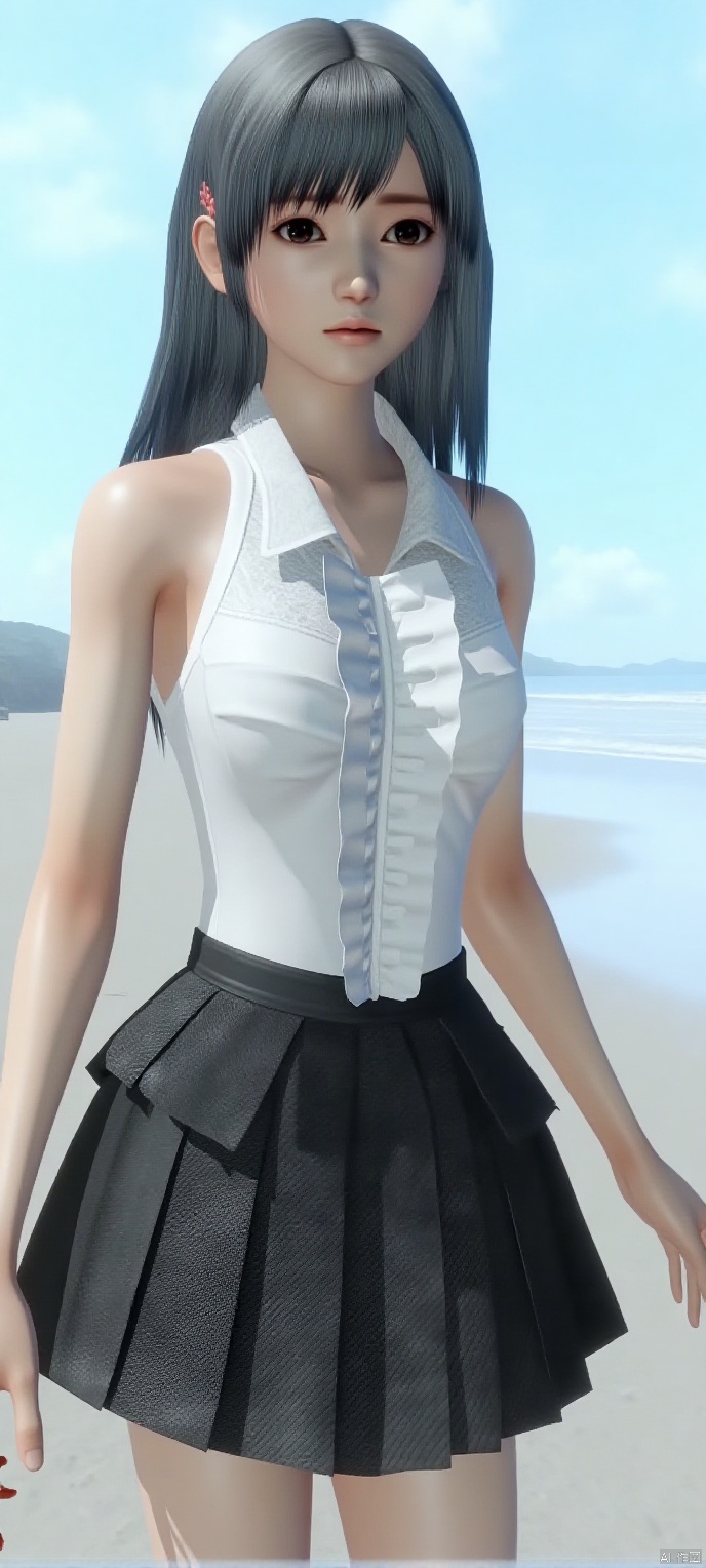 (high definition, Best quality, masterpiece, 4K, exquisite skin), cxshenyu, solo, sleeveless,  black pleats short skirt, seaside, stand, missionary