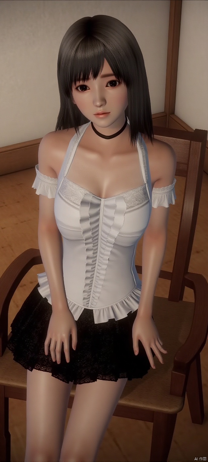 score_9_up,score_8_up,score_7_up, (high definition, Best quality, masterpiece, 4K, exquisite skin), cxshenyu, 1girl, solo, necklace, breasts,cleavage,(white off-shoulder T-shirt:1.2), (black lace skirt:1.2),sitting room,sittin on the chair,learning forward