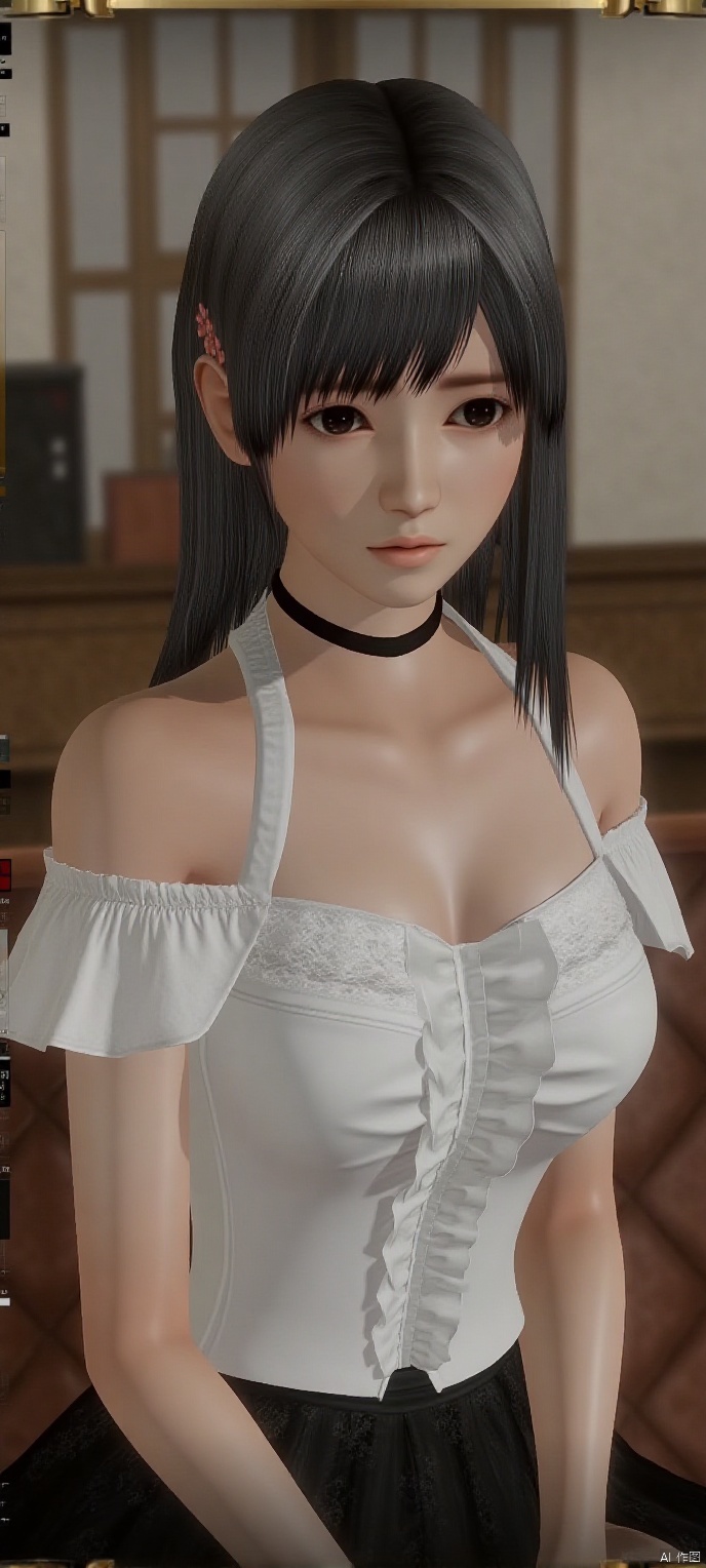 score_9_up,score_8_up,score_7_up, (high definition, Best quality, masterpiece, 4K, exquisite skin), cxshenyu, 1girl, solo, necklace, breasts,cleavage,(white off-shoulder T-shirt:1.2), (black lace skirt:1.2),sitting room,sittin on the chair,learning forward,