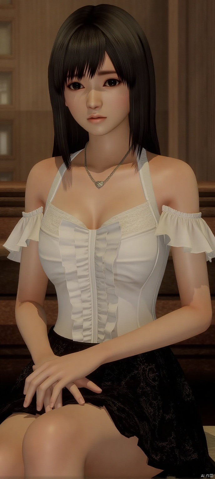 (high definition, Best quality, masterpiece, 4K, exquisite skin), cxshenyu, 1girl, solo, necklace, breasts,cleavage,(white off-shoulder T-shirt:1.2), (black lace skirt:1.2),sitting room,sittin on the chair,learning forward