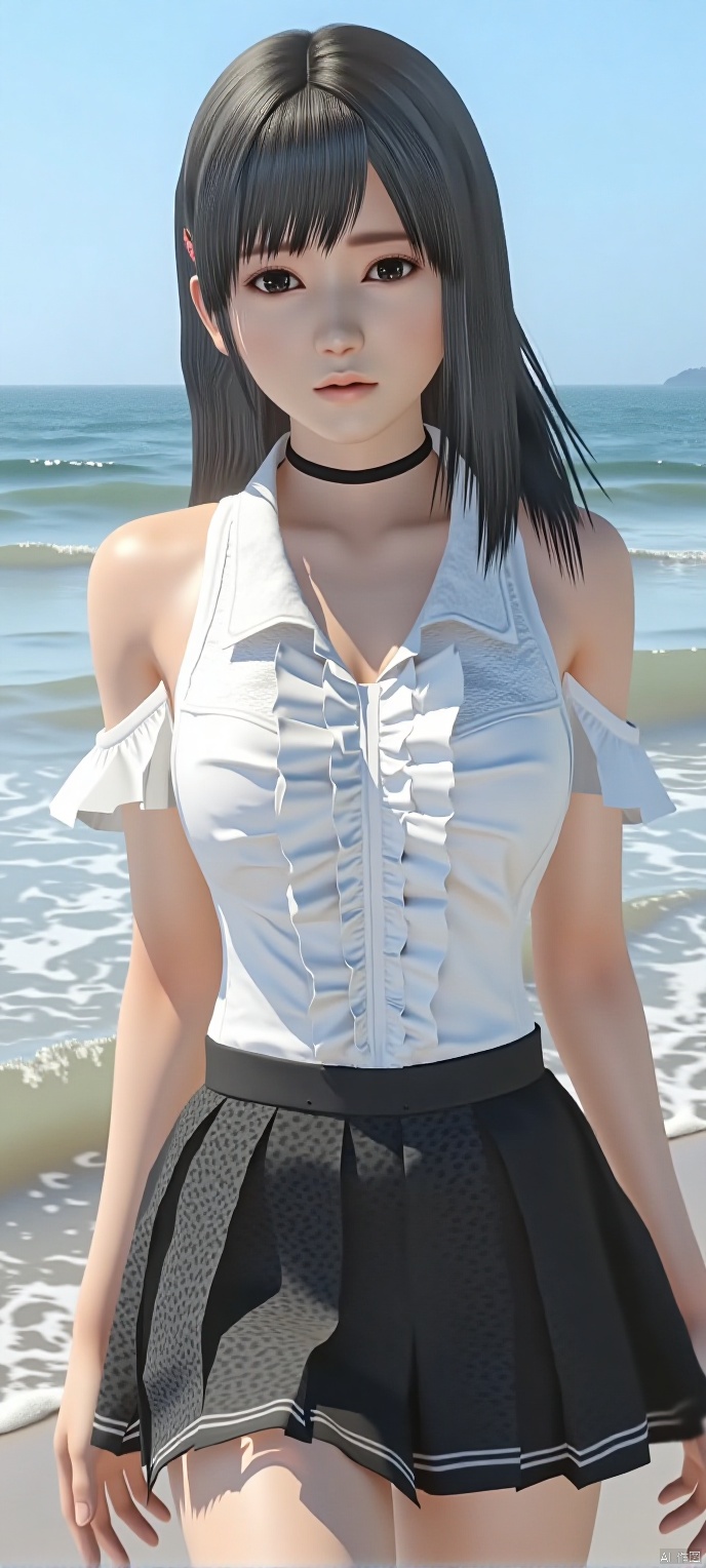 (high definition, Best quality, masterpiece, 4K, exquisite skin), cxshenyu, solo,cleavage,(white off-shoulder T-shirt),  black pleats short skirt, seaside, lie, learning forward