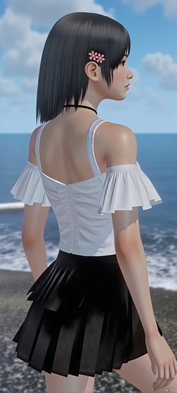 (high definition, Best quality, masterpiece, 4K, exquisite skin), cxshenyu, solo,cleavage,(white off-shoulder T-shirt),  black pleats short skirt, seaside, lie, learning forward