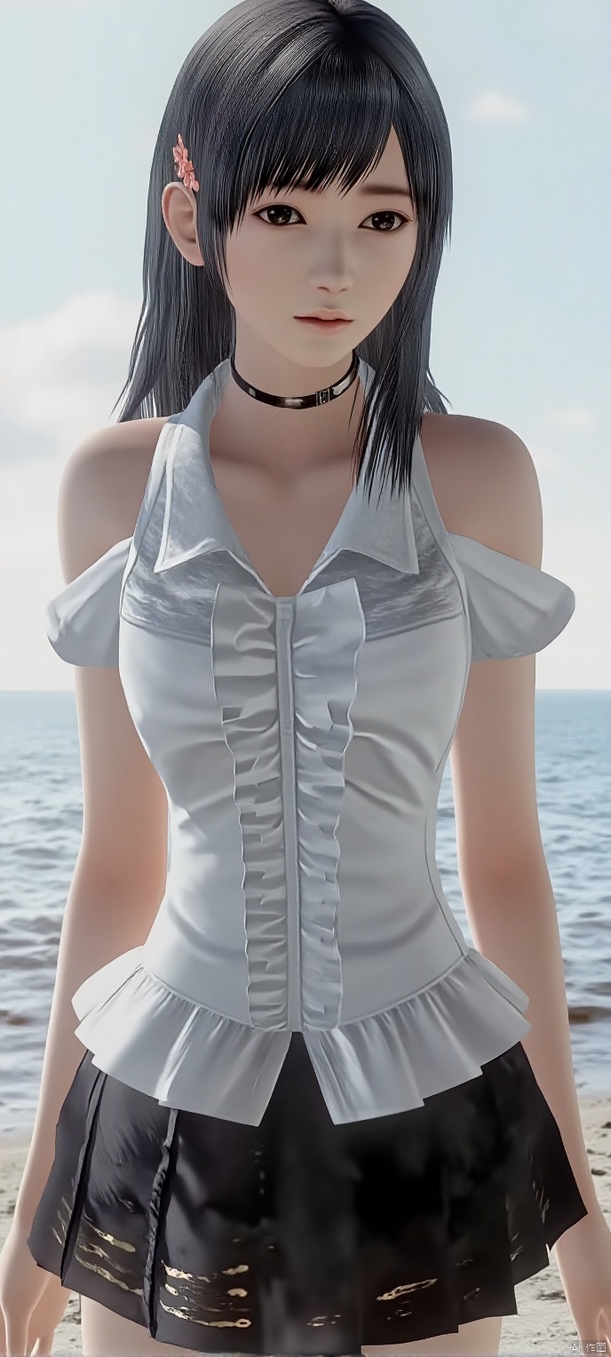 (high definition, Best quality, masterpiece, 4K, exquisite skin), cxshenyu, solo,cleavage,(white off-shoulder T-shirt:1.2),  black pleats short skirt, seaside, lie, learning forward