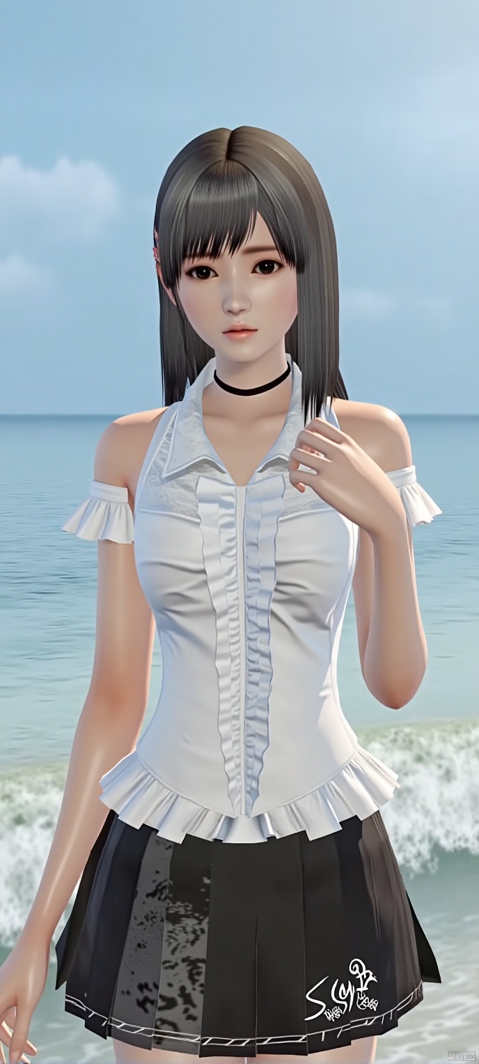 (high definition, Best quality, masterpiece, 4K, exquisite skin), cxshenyu, solo,cleavage,(white off-shoulder T-shirt),  black pleats short skirt, seaside, lie, learning forward
