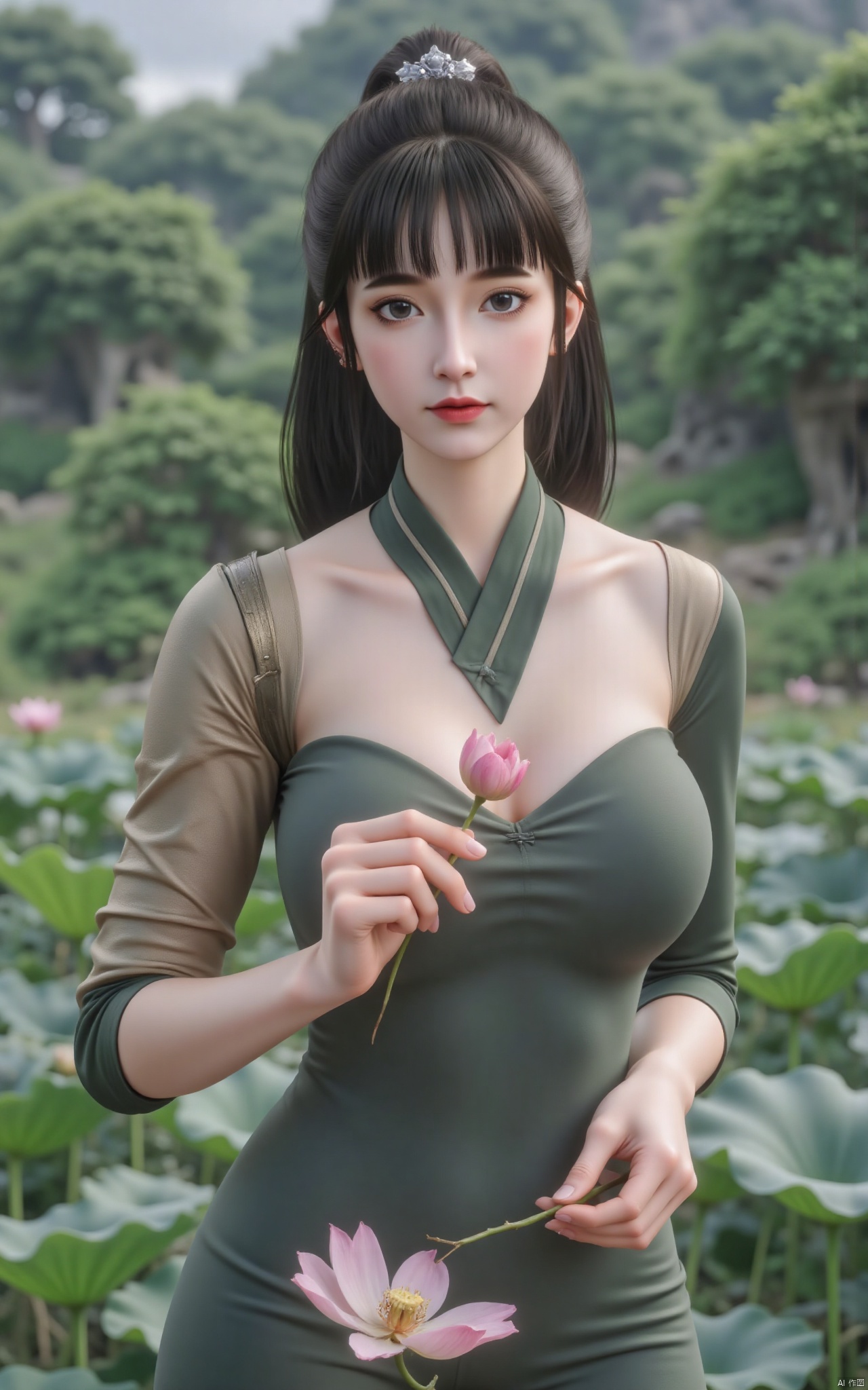  masterpiece,1girl,solo,black hair,(Standing by the lotus pond in the garden:1.3),(hanfu dress:1.3),black eyes,beautiful face,short sleeves,holding flower,looking at viewer,(huge breasts:2.79),(full breasts:1.99),Xminguo,Xruanxiu,Xqhanfu,Xqipao,Xqinghanfu