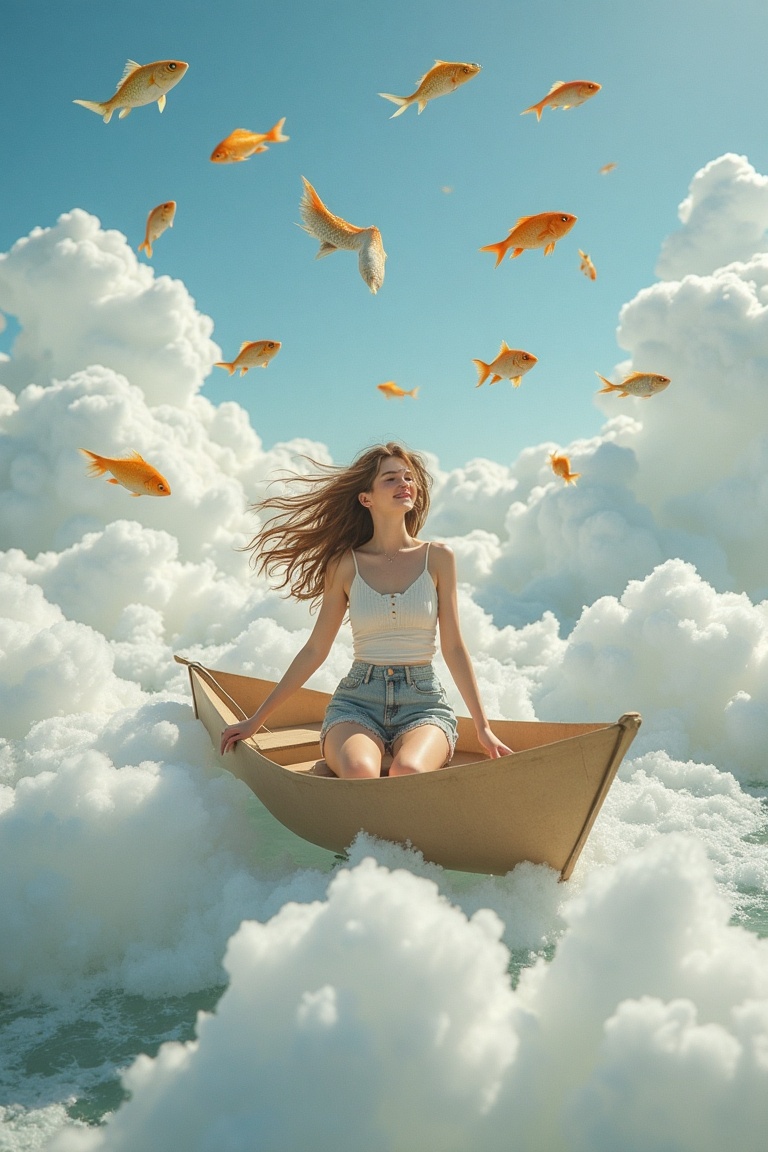 A whimsical image of a woman floating through a sea of clouds on a paper boat,  surrounded by colorful fish swimming in th...