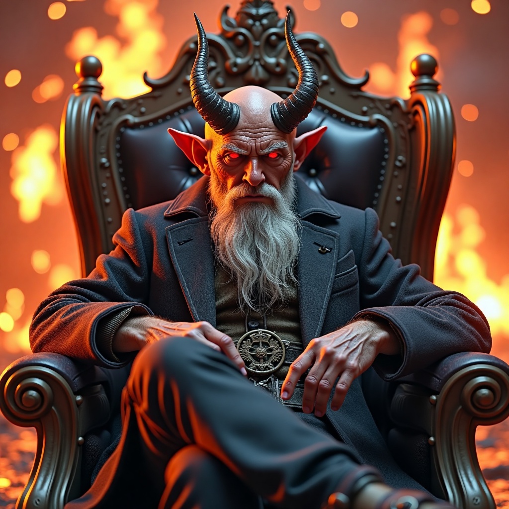 Russian old man dressed up like devil,  battle scars all over his face,  looking with a fierce look in his eyes on Tensor.Art