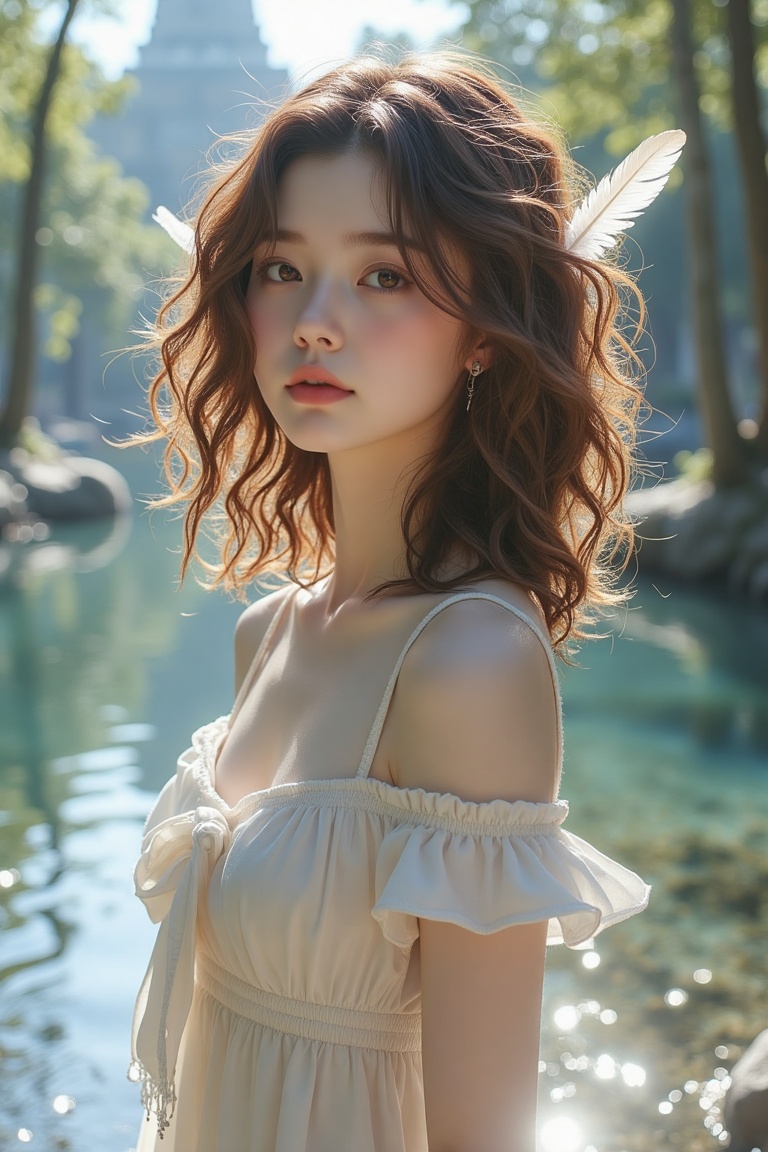 In this breathtakingly beautiful CG artwork,  a stunning white idol stands majestically on the edge of a serene forest,  o...