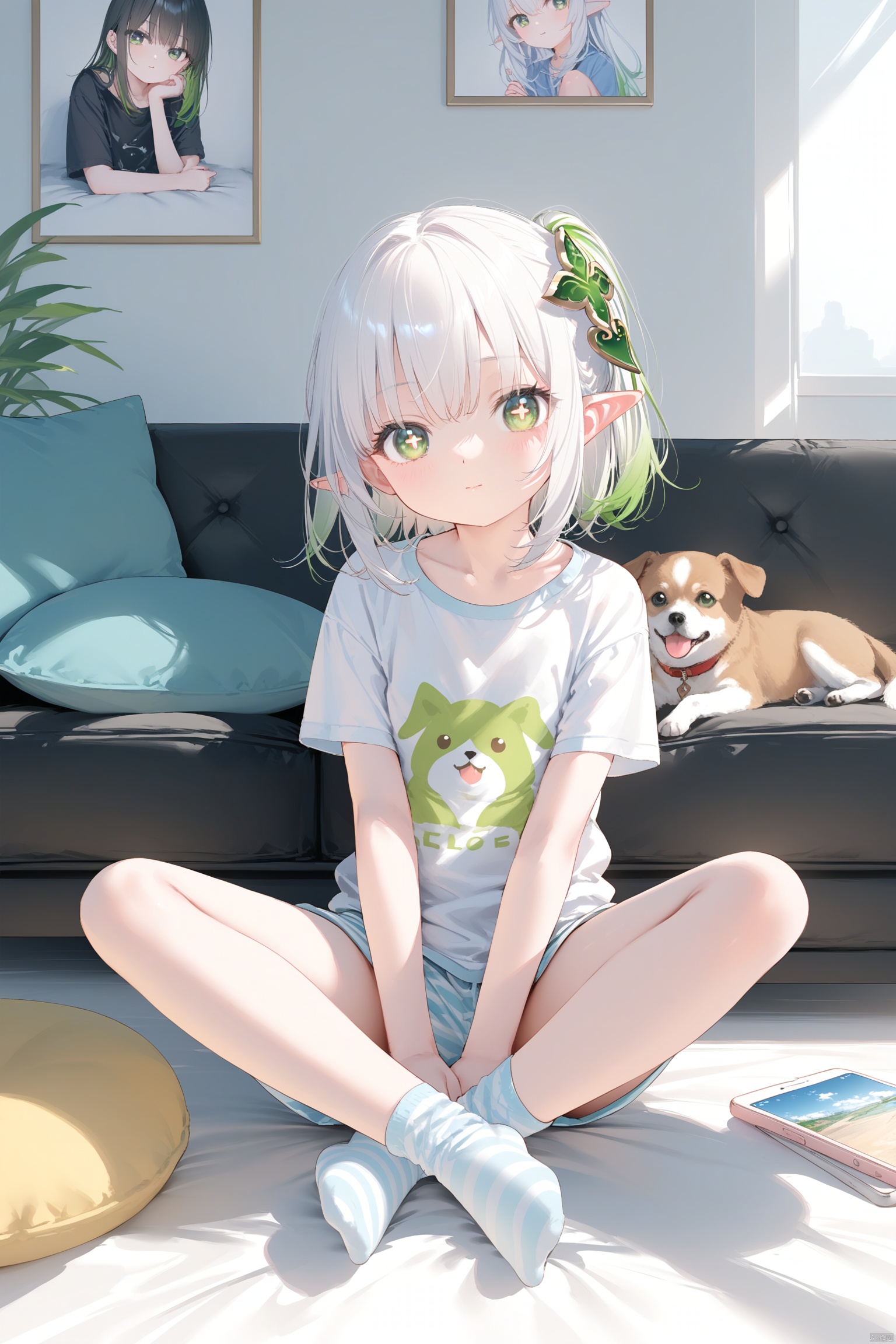 masterpiece,best quality,illustration,[Artist miwano rag],[Artist toosaka asagi],[Artist wlop],[Artist chen bin],foot view, 1girl, solo,loli,loli,loli, (little_girl:1.2),petite:1.1, elf girl,pointy_ears, small breast, green eyes, symbol-shaped pupils, cross-shaped pupils, white hair, green hair, bangs, hair ornament, gradient hair, side tonytail, nahida \(genshin impact\) , sugerjio, shirt, sitting, closed mouth, pajamas, trousers, collarbone, full body, white shirt, short sleeves, socks,no shoes, striped, head tilt, t-shirt, fishnets, indian style,indoor,sofa,light,dog,