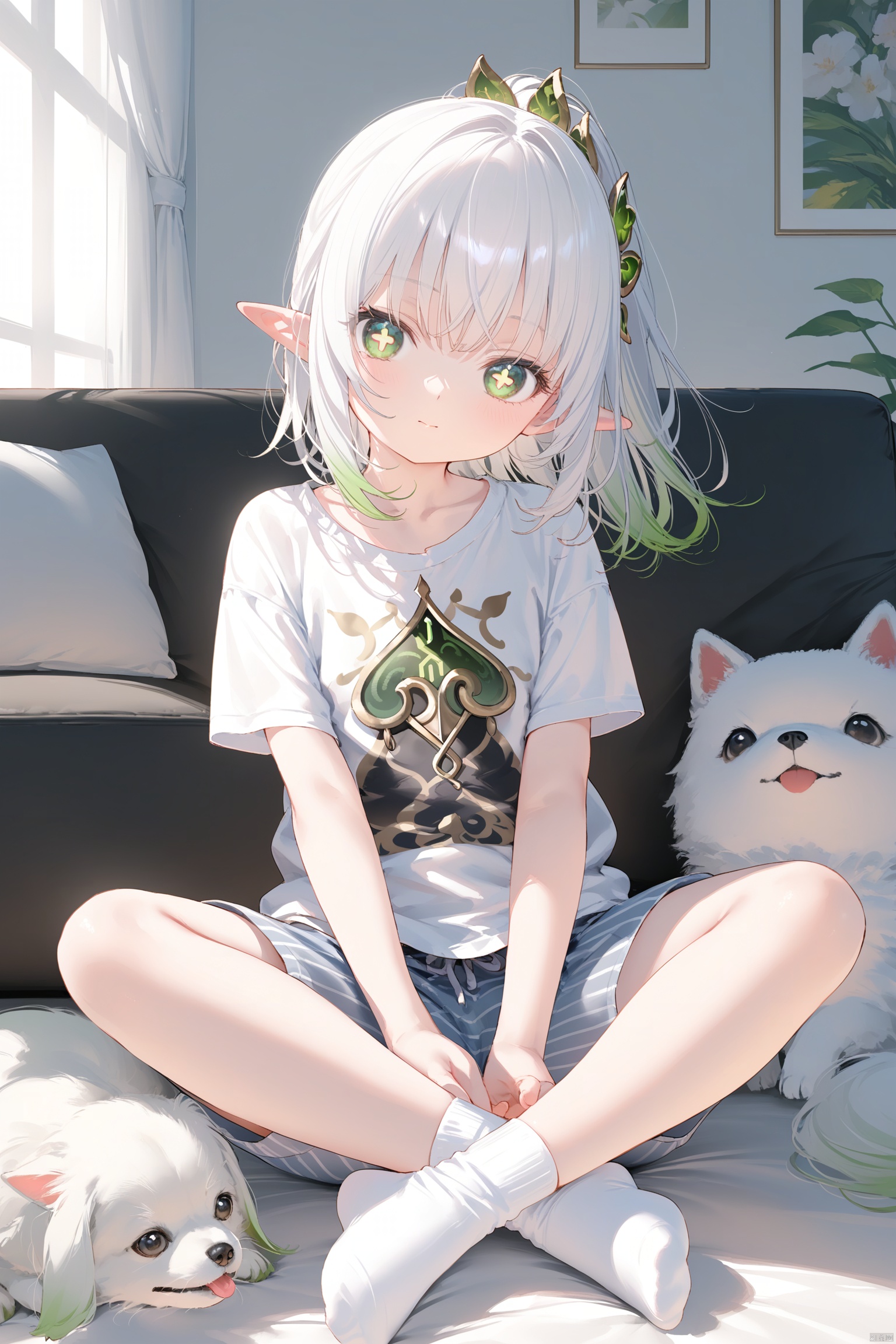 masterpiece,best quality,illustration,[Artist miwano rag],[Artist toosaka asagi],[Artist wlop],[Artist chen bin],foot view, 1girl, solo,loli,loli,loli, (little_girl:1.2),petite:1.1, elf girl,pointy_ears, small breast, green eyes, symbol-shaped pupils, cross-shaped pupils, white hair, green hair, bangs, hair ornament, gradient hair, side tonytail, nahida \(genshin impact\) , sugerjio, shirt, sitting, closed mouth, pajamas, trousers, collarbone, full body, white shirt, short sleeves, socks,no shoes, striped, head tilt, t-shirt, fishnets, indian style,indoor,sofa,light,dog,