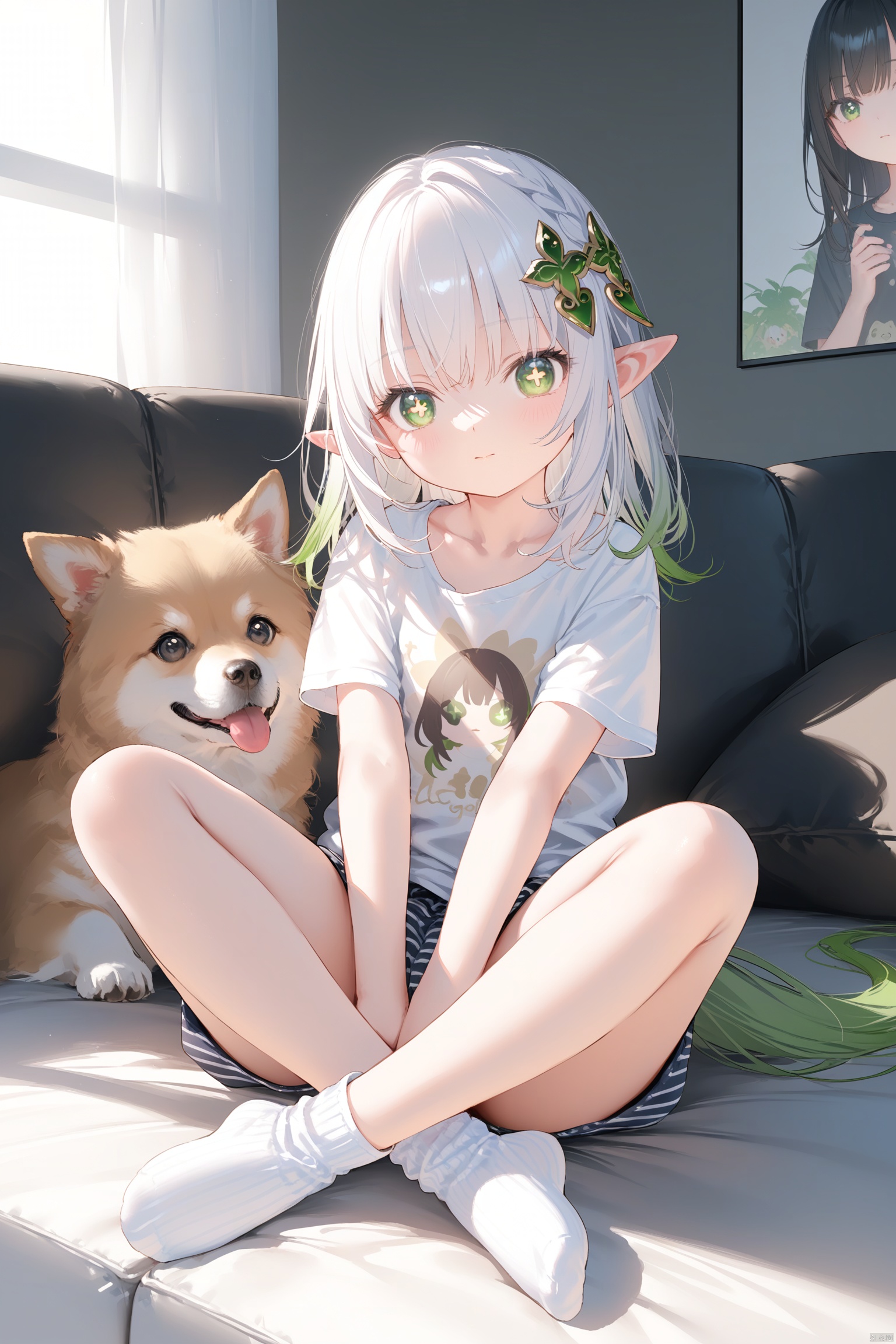 masterpiece,best quality,illustration,[Artist miwano rag],[Artist toosaka asagi],[Artist wlop],[Artist chen bin],foot view, 1girl, solo,loli,loli,loli, (little_girl:1.2),petite:1.1, elf girl,pointy_ears, small breast, green eyes, symbol-shaped pupils, cross-shaped pupils, white hair, green hair, bangs, hair ornament, gradient hair, side tonytail, nahida \(genshin impact\) , sugerjio, shirt, sitting, closed mouth, pajamas, trousers, collarbone, full body, white shirt, short sleeves, socks,no shoes, striped, head tilt, t-shirt, fishnets, indian style,indoor,sofa,light,dog,