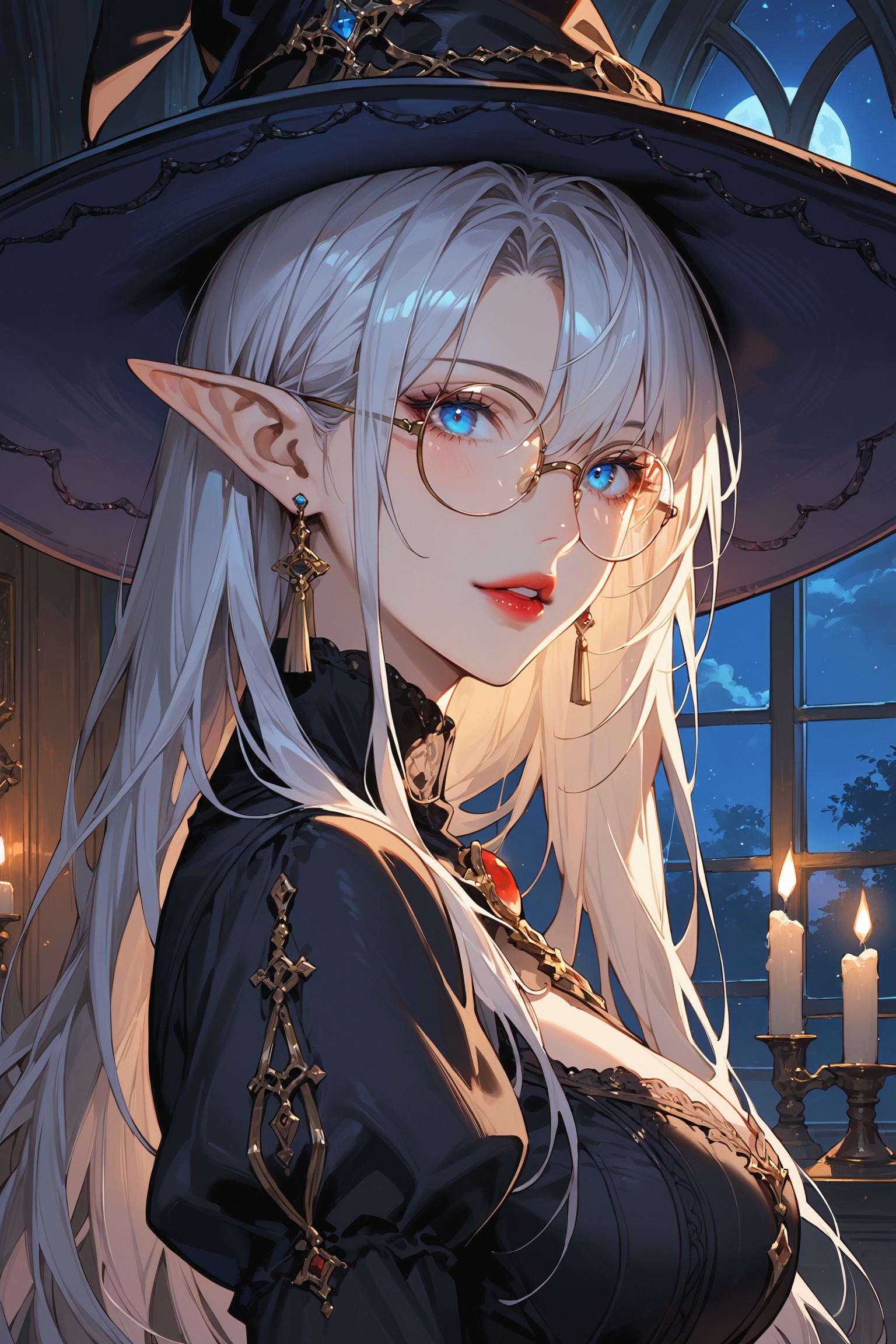 score_9, score_8_up, score_7_up, source_anime, detailed illustration, 8K UHD, fantasy themed, ((night, night sky)), window, from side, 1girl, solo, long hair, looking at viewer, bangs, blue eyes, long sleeves, hair between eyes, red lips, jewelry, close up, white hair, earrings, parted lips, glasses, pointy ears, puffy sleeves, black dress, black headwear, witch hat, juliet sleeves, round eyewear, ((very dark room:1.2)), indoors
