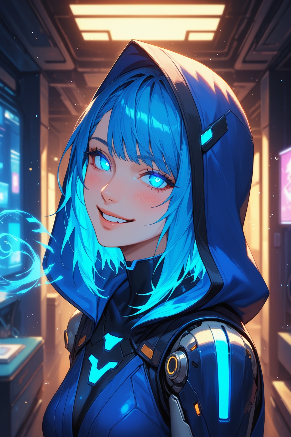 close up, 1girl, solo, look at viewer, short blue hair, bobbed hairstyle, bangs, slight smile, happy face, blushing, glowing eyes, cyberpunk, indoors, sorceress, blue robe, hood, magic, fantasy, ((blue energy aura, blue light particles:1.2)), neon room, cyborg, 8k UHD, score_9, score_8_up, score_7_up, masterpiece, best quality, absurdres, very aesthetic