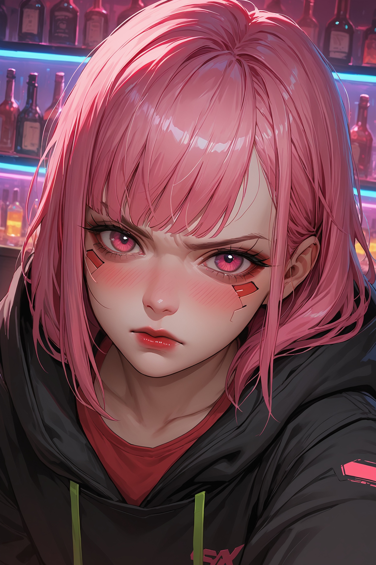 score_9, score_8_up, score_7_up, male POV, close up, 1girl, solo, look at viewer, short pink hair, bangs, pink eyes, red lips, tsundere, blushing, angry cute face, cyberpunk style, bar, standing, black hoodie, red shirt
