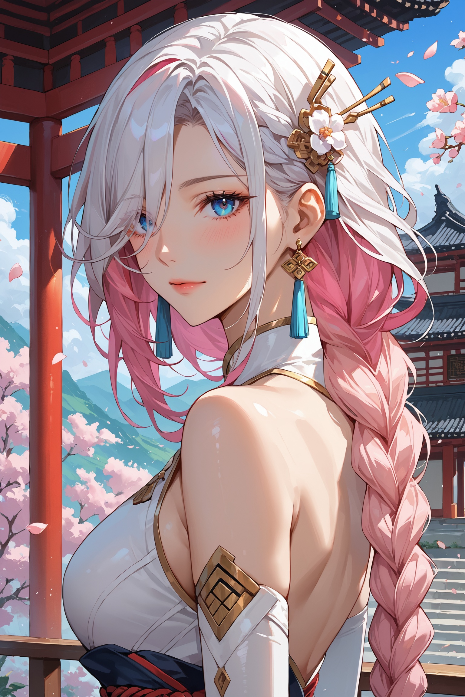 score_9, score_8_up, score_7_up, masterpiece, best quality, absurdres, very aesthetic, source_anime, detailed illustration, 8K UHD, close up, 1girl, solo, long hair, looking at viewer, blush, bangs, blue eyes, hair ornament, closed mouth, ((pink hair and white hair, multicolored hair)), hair over one eye, bare shoulders, white dress, jewelry, standing, flower, earrings, elbow gloves, petals, single braided ponytail, outdoors, sky, day, east asian architecture, tassel earrings
