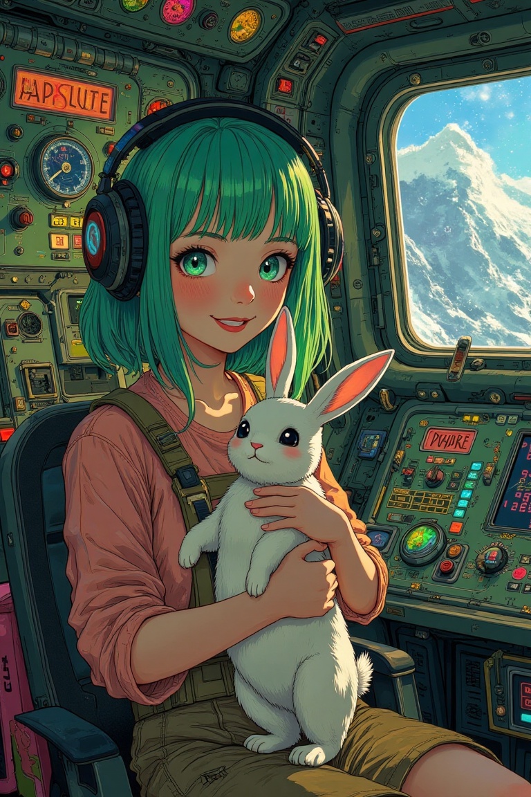 A retro-styled spaceship interior with a girl with green hair and pale skin holding a cute bunny. She is mid-action,  smil...