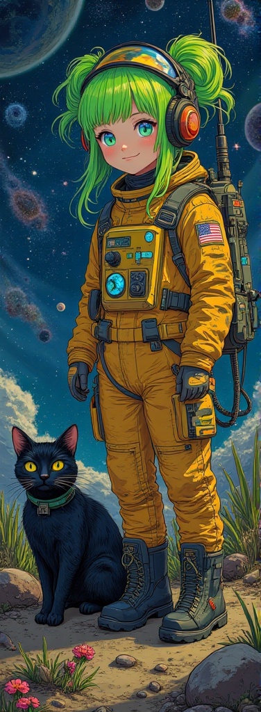 A cosmic-themed,  avant-garde scene with a cute astronaut,  standing static on Tensor.Art