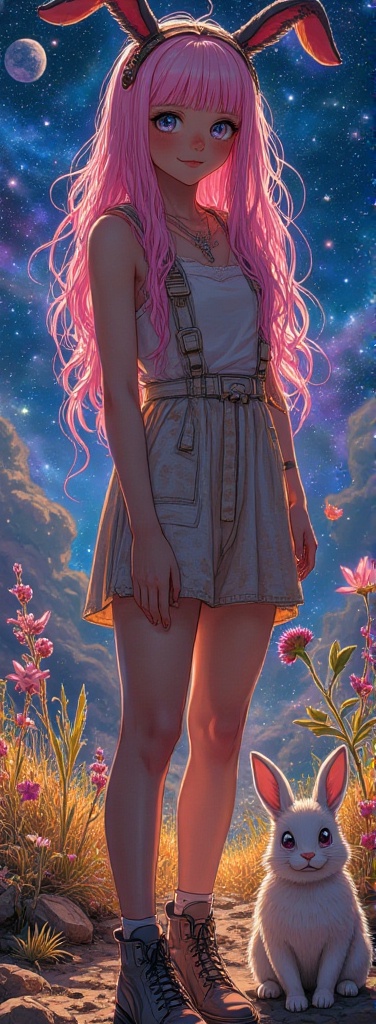 A cosmic-themed,  avant-garde scene with an Aquarius girl standing static,  with pink on Tensor.Art